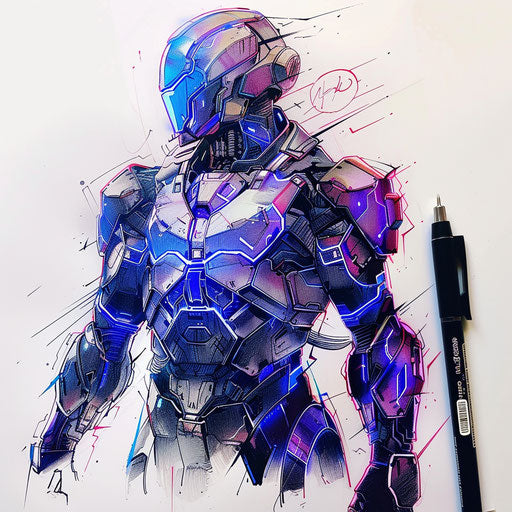 Sketch of a post-modern tattoo of a cyber knight