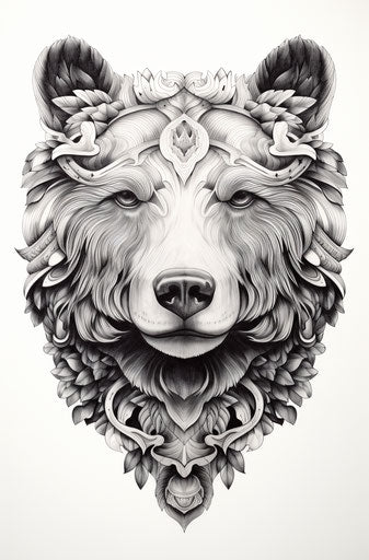 Black and white drawing of an ornate bear