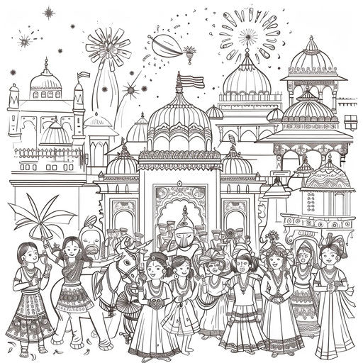 Diwali parade with traditional costumes and floats. Coloring book page