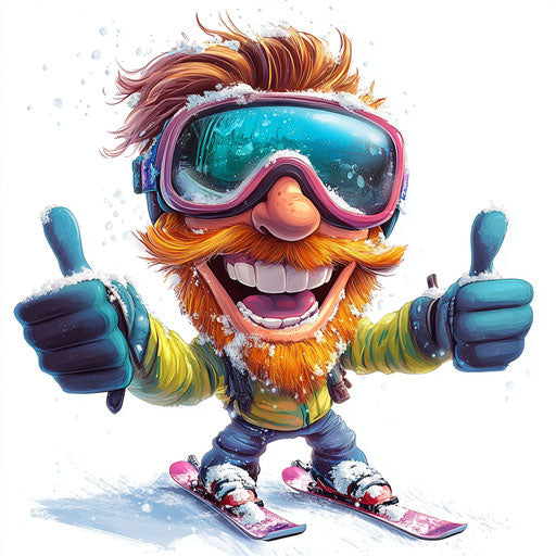 Humorous caricature of a skiing cartoon with human traits