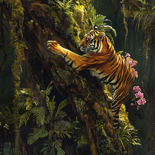 Sumatran tiger climbing ancient tree with green moss and orchids