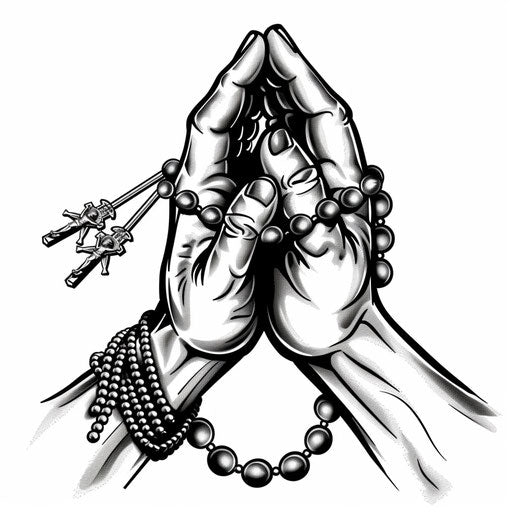 Traditional tattoo of praying hands with rosary