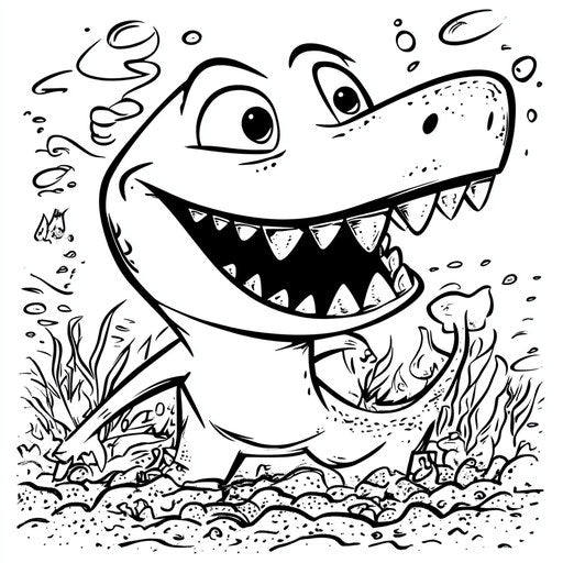 Playful cartoon mosasaurus with exaggerated features, Butch Hartman style, coloring book page