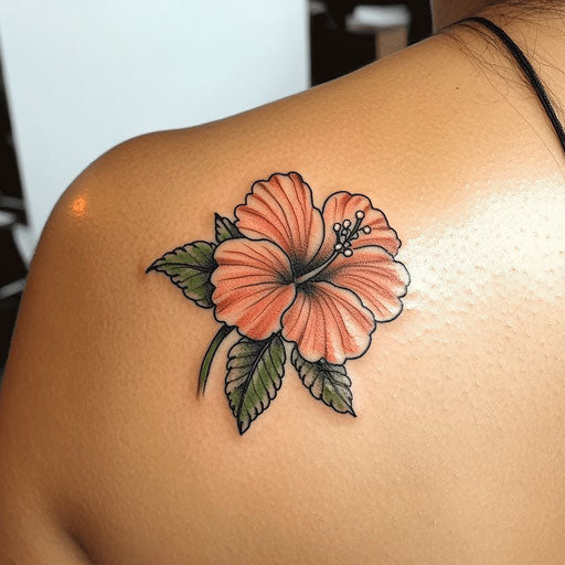 Hibiscus flower tattoo on a Pure White Background in the style of Ed Hardy on a shoulder blade