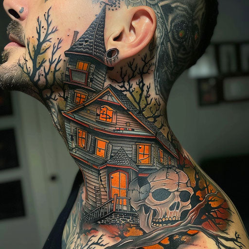 Neck tattoos next to Haunted House