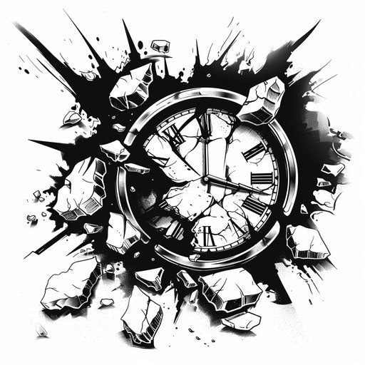 Bold flat tattoo sketch of a shattered clock face floating in dark void