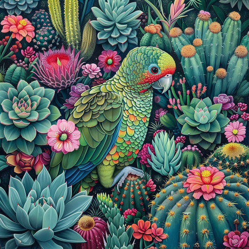 A swift parrot navigating through a maze of cacti and succulents