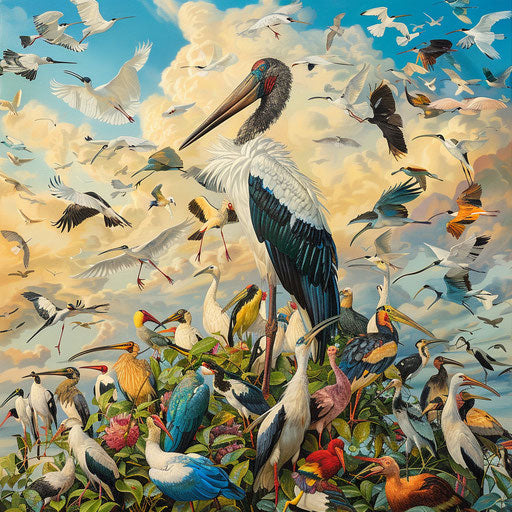 Vibrant scene of a wood stork among a flock of diverse birds at a popular migratory bird stopover, highlighting biodiversity