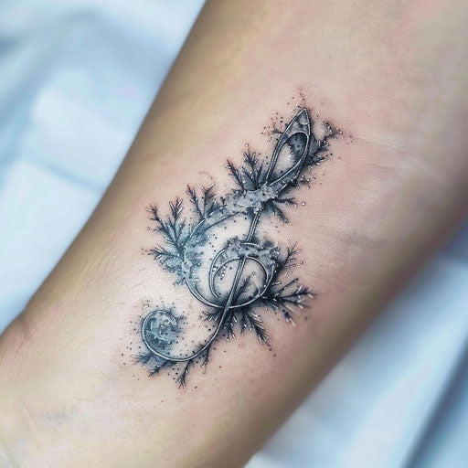Frozen treble clef tattoo shimmering on pure white background