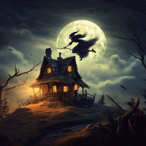 A witch on a broom flying in front of a full moon and a scary house on the side
