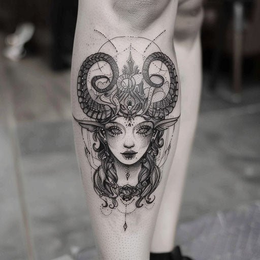 Calf tattoo with mystical themes, in the style of David Palumbo