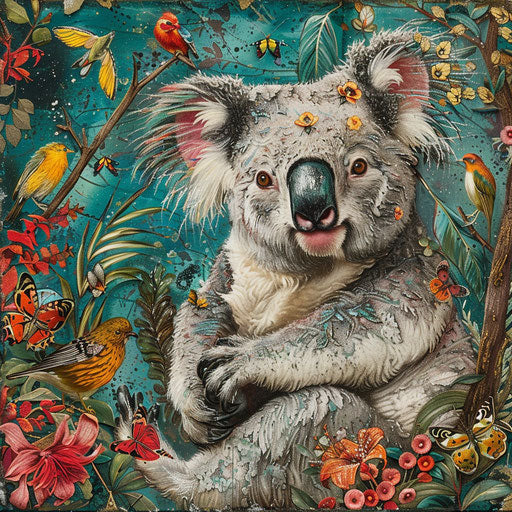 Koala in a whimsical pose, surrounded by colorful Australian birds and insects