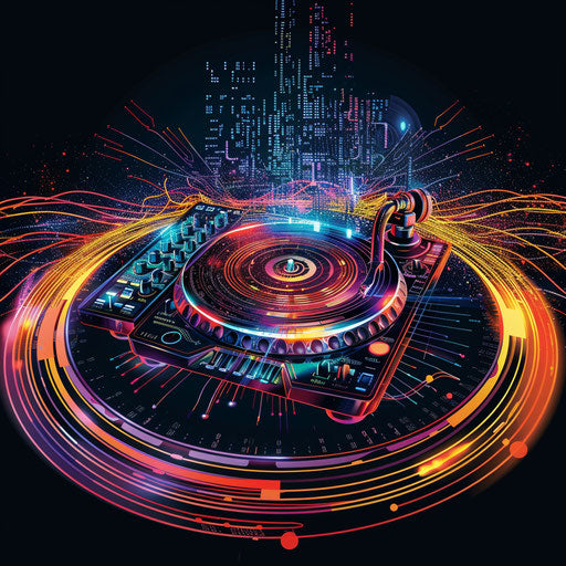 DJ's turntable and mixer with vibrant sound waves