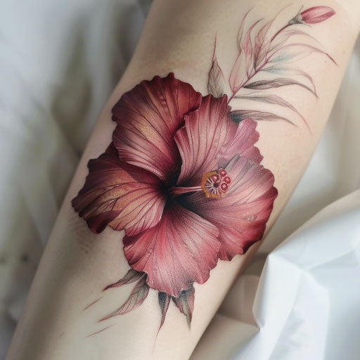 Photorealistic hibiscus tattoo design, natural colors and light