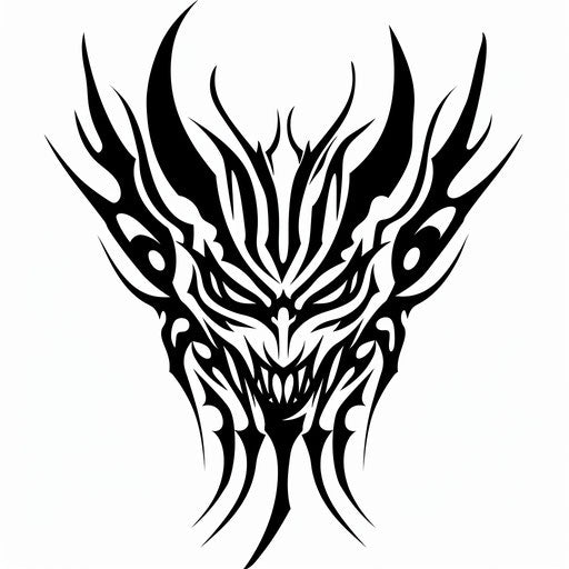 Tribal devil pattern, sharp lines and curves in black