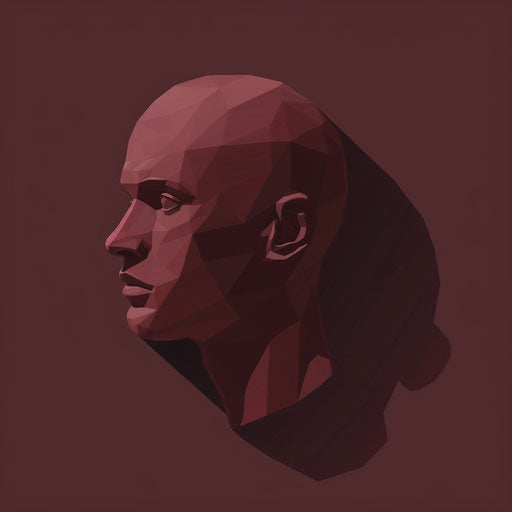 Flat background in deep maroon supporting head clipart in a photo realistic depiction, accented with dynamic shadows and bright highlights