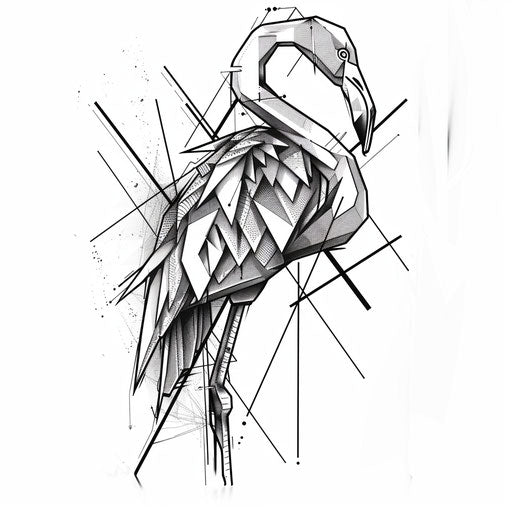 Abstract geometric flamingo tattoo design with sharp angles and monochrome palette