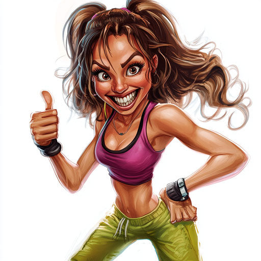 Humorous caricature of zumba with big teeth, long arms
