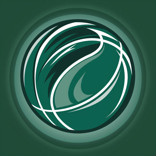 Bold circular basketball logo on dark green background