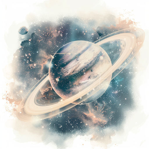 Photo-realistic outer space clipart on flat white background, enhanced with delicate textures and soft focus