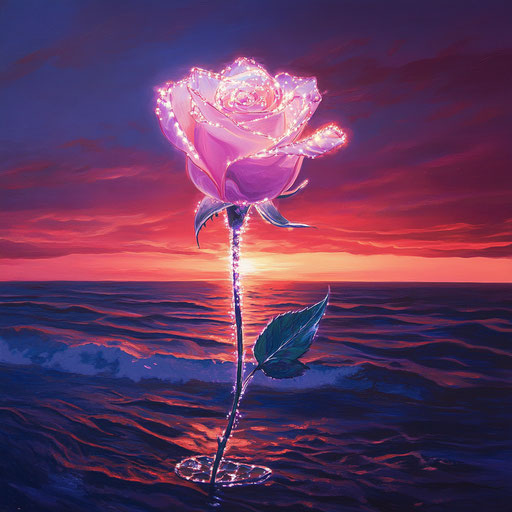 Glowing pink rose with crystal lights on sea at sunset
