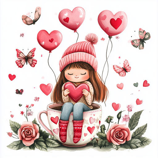 Adorable girl in a coffee cup with heart balloons