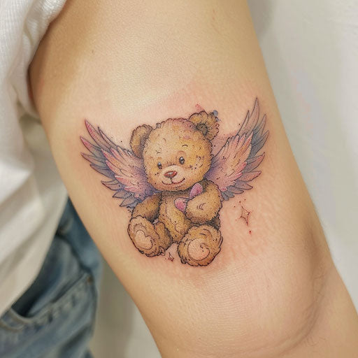 Teddy bear angel tattoo with soft pastel wings