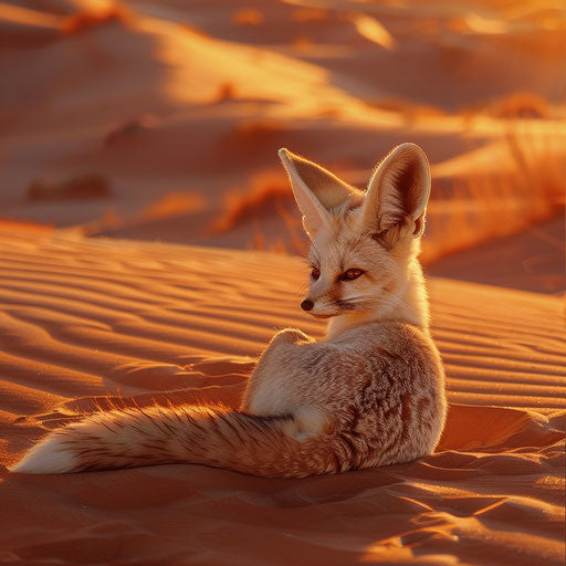 Fennec fox in a golden desert landscape at dusk