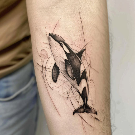 Graceful sketch of an orca whale, styled with delicate lines and pastel hues