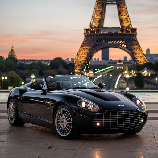 Black Aston Martin DB7 Zagato convertible under Eiffel Tower