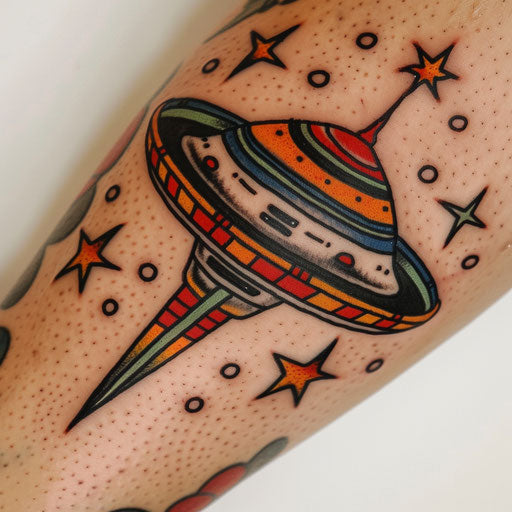 Traditional American style UFO tattoo, bold lines and solid colors