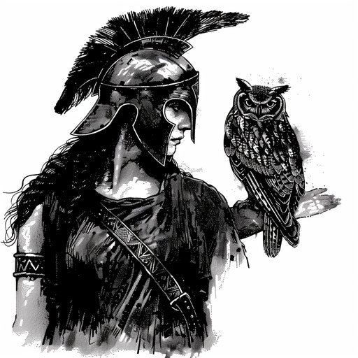Athena with an owl, minimalist black and white sketch