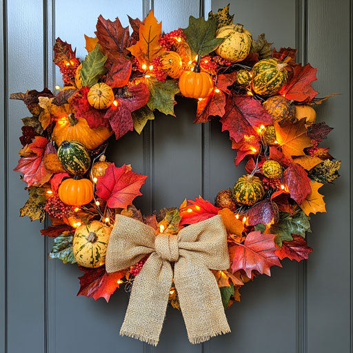 Wreath of vibrant fall leaves and small gourds with a burlap bow and tiny fairy lights woven