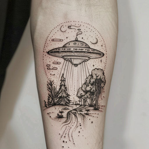 Surreal UFO tattoo blending surreal art and flying saucer