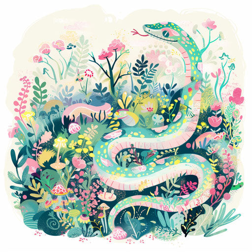 Whimsical flat tattoo sketch of a serpent in a garden