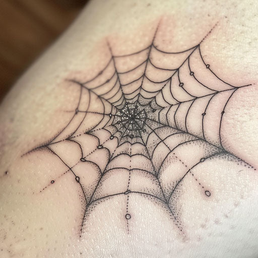 Symmetrical spider web with dewdrop in morning light