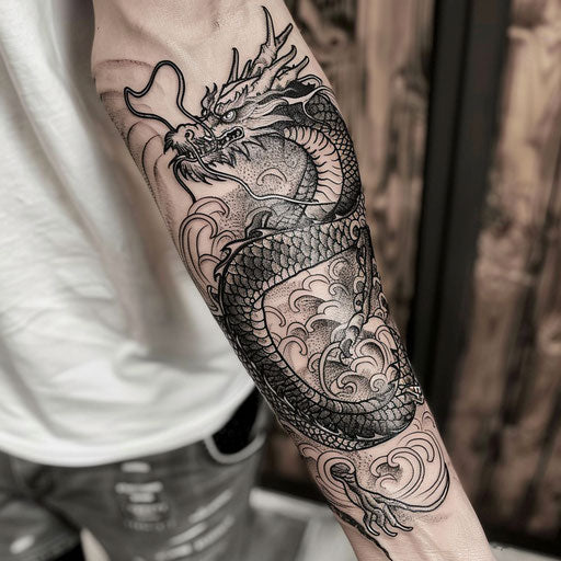 Forearm dragon tattoo in Ami James style