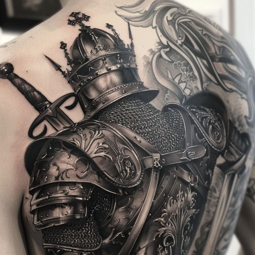 Black and gray shading tattoo of a knight in armor