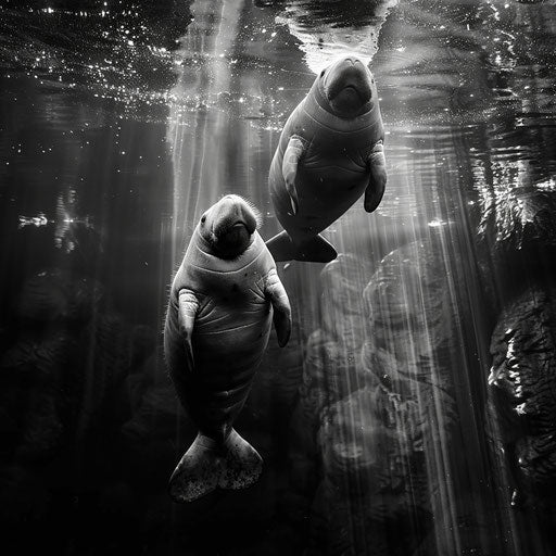Manatees in black and white, intense and dramatic