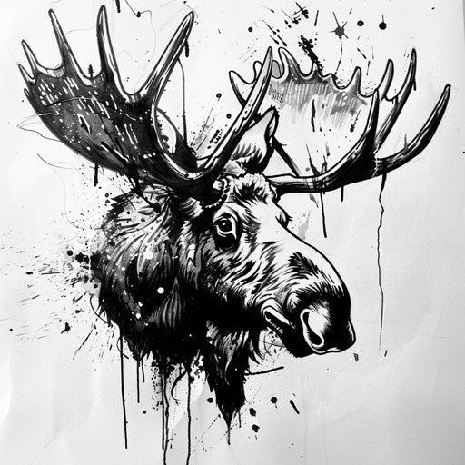 Dynamic flat tattoo sketch of a moose with splatter effects