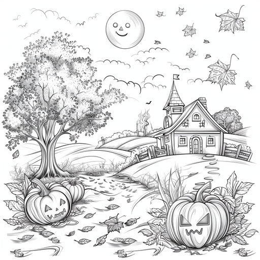Cozy autumn scene with pumpkins and falling leaves for Halloween. Coloring book page