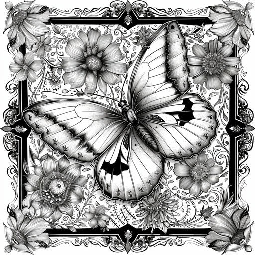 Butterfly surrounded by whimsical, magical elements. Coloring book page