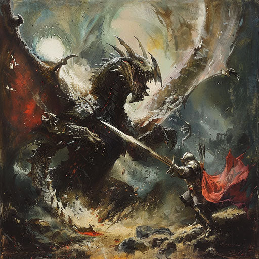 Knight fighting a dragon in the style of Adrian Smith