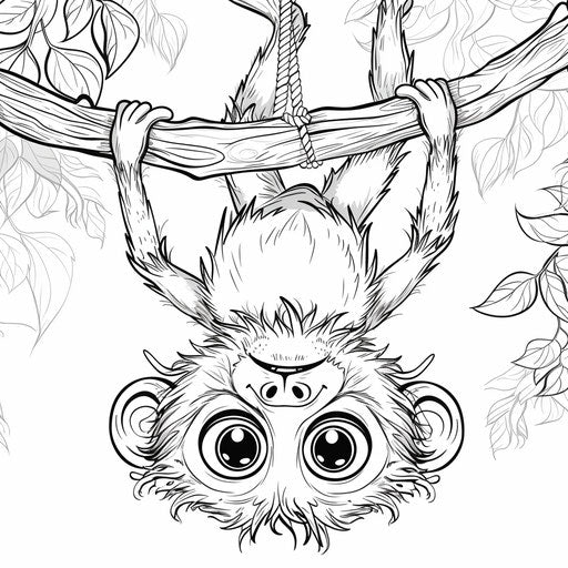 Monkey hanging with cheeky grin. Coloring book page