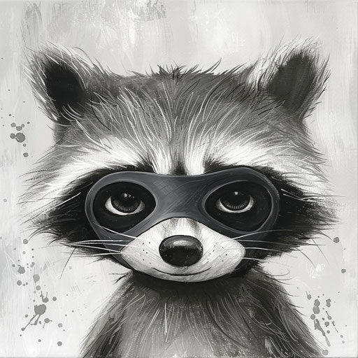Mischievous raccoon in black and white on white canvas
