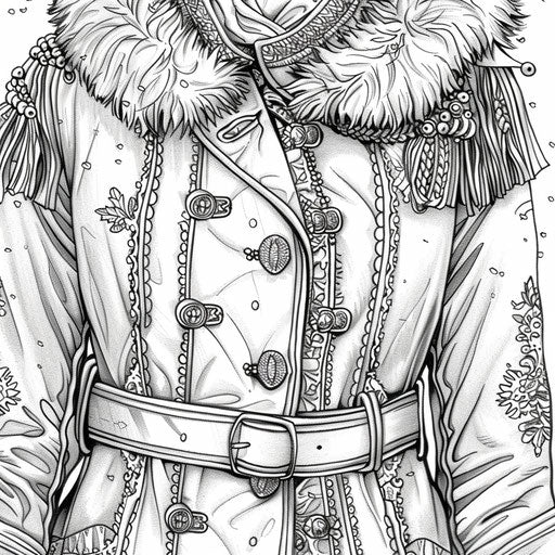 Winter coat with fur collar and buttons. Coloring book page