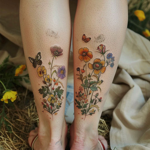 Sister tattoos with botanical theme, flowers and butterflies