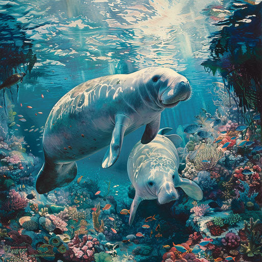 Manatees in front of a coral canvas, vast and inspiring