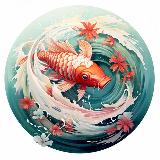 Stylized rose-colored fish on white background, colorful composition