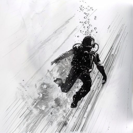 Underwater exploration: diver in a cave, ocean tattoo design